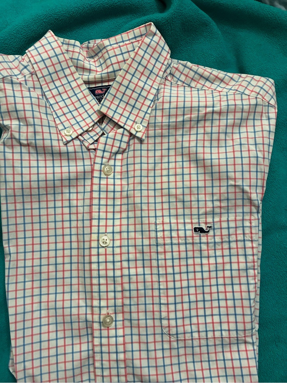 Vineyard Vines White Shirt with Pink and Blue Windowpane Check